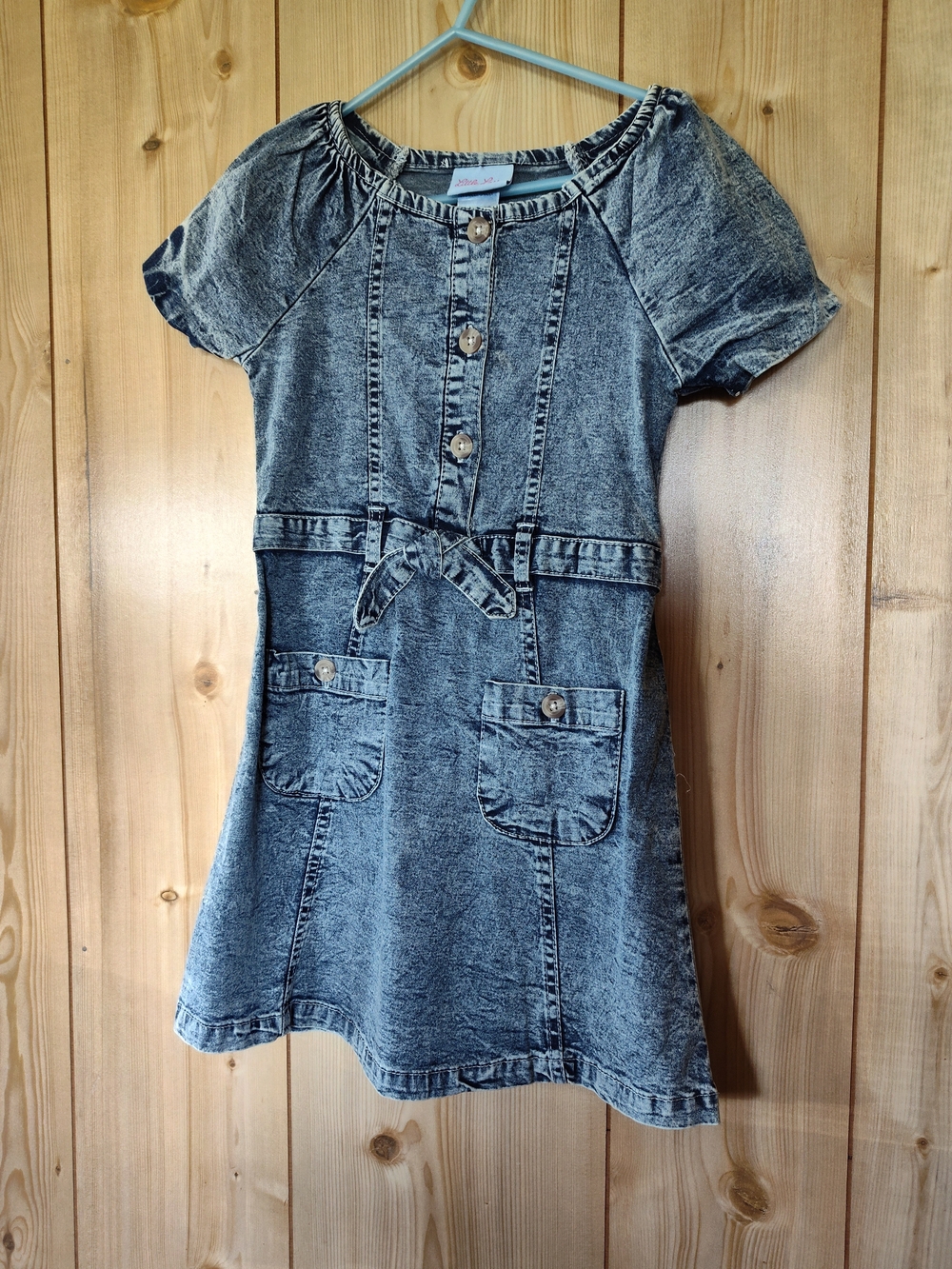 Little Lass Washed Denim-Look Short Sleeve Dress - Gray-Blue